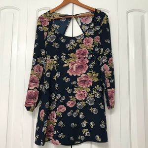 Floral Dark Blue Dress with Heart Open Back